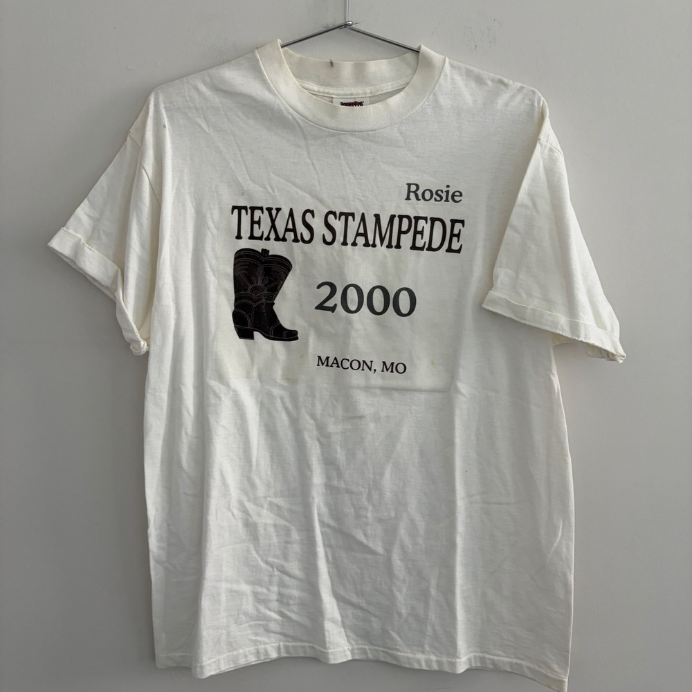 Vintage PowerPro Oneita Texas Stampede 2000 Rosie Macon Graphic T-Shirt White L